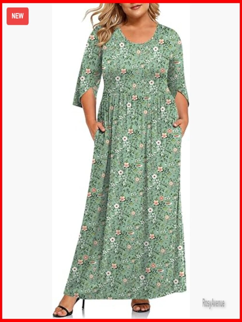 Plus Size Maxi Dress with Pockets 3/4 Sleeve Casual Long Summer Dress